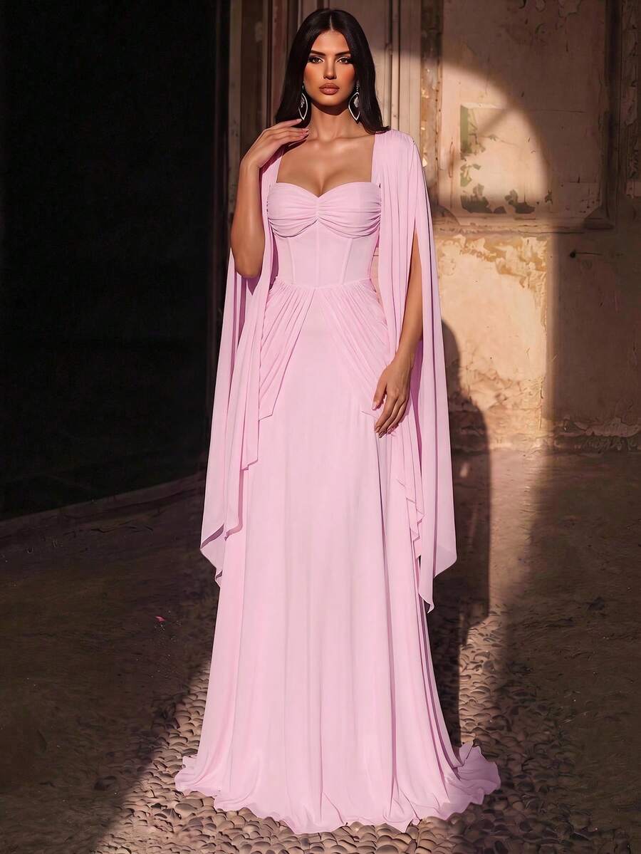 Aureia Elegant Luxurious Strapless Ruched Slimming Concealing Side Boob Slimming Fitted A-Line Trailing Evening Gown Suitable For Attending Parties, Balls, Birthdays, Gatherings, Award Ceremonies, Formal Ladies Dinner Dress (Heavy Workmanship Dress) - Baby Pink - View 1