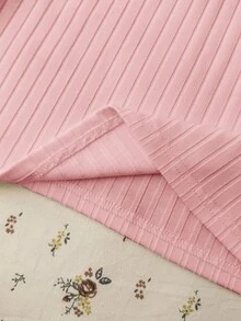 Teen Girl Summer New Slim Fit Flattering Versatile Pink Ribbed Knit Round Neck Button Short Sleeve Top - Pink - View 5