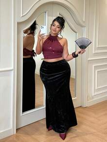 GalTyme 大尺碼女款極簡優雅純色魚尾裙 正式晚宴穿著 秋季黑色天鵝絨 - 黑色 - 查看 4