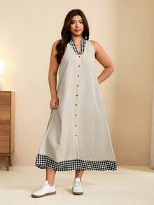 Edennvi Plus Size Summer Casual Traditional Plaid Patchwork Sleeveless Dress Formal Vacation Grey And Pink - Multicolor - View 4