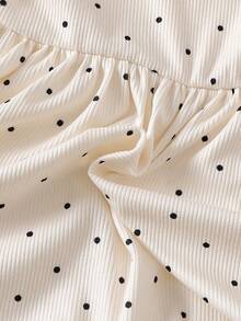 SHEIN Newborn Baby Girls A-Line Dress Sweet Elegant Beige Black Polka Dot Bow Ruffle Long Sleeve Ruffled Collar Birthday Party Fall Cozy Ballet Ribbed Knit - Apricot - View 11
