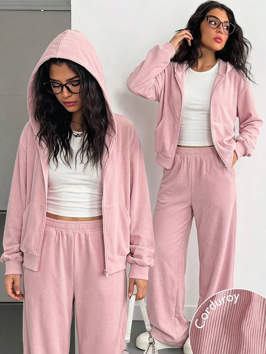SHEIN 2件組女童連帽長袖拉鍊外套,腰部與袖口收邊,短版連帽衫,彈性腰寬鬆寬腿休閒運動褲,秋季 - 粉色 - 查看 1