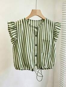 Franclia Striped Textured Round Neck Ruffle Hem Gathered Short Casual French Women's Blouse Beach Daily Green And White Summer - Multicolor - View 4