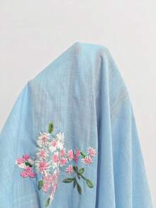 INAWLY 女款時尚休閒極簡浪漫度假風刺繡花卉長袖鈕扣襯衫 秋季 - 藍色 - 查看 5
