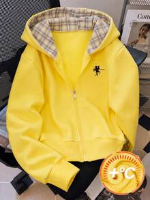 SHEIN 青少年女孩格紋內裡連帽拉鍊運動衫，厚款短版秋季夾克，小眾淡黃色小馬印花，休閒學院風學生款 - 黃色 - 查看 9
