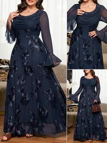 Reflora Plus Size Elegant Party Floral Embroidered Dress - Navy Blue - View 1