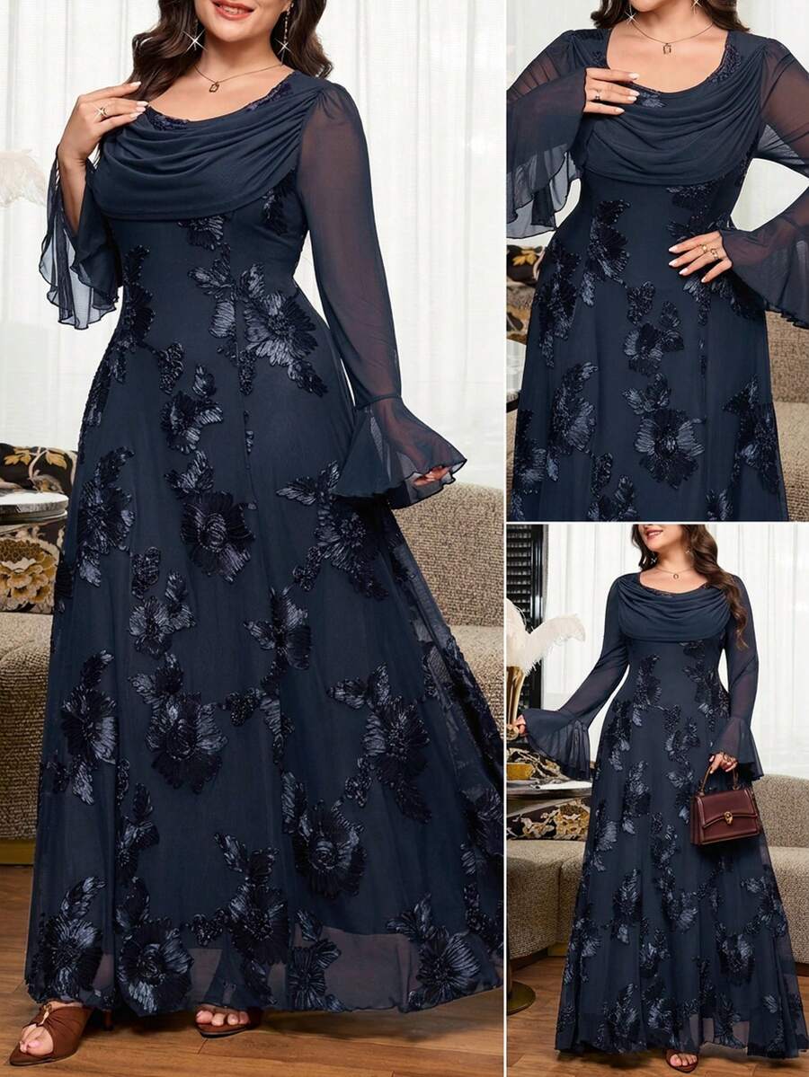 Reflora Plus Size Elegant Party Floral Embroidered Dress - Navy Blue - View 1