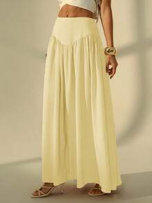 SHEIN Tall Women's Solid Color Pleated Casual Modest Versatile Daily Wear Skirt Beach Cream Autumn - Light Yellow - View 5
