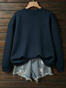 Resyla Women's Autumn/Winter Casual Halloween Letter Embroidery Fleece Sweatshirt - Blue - View 2