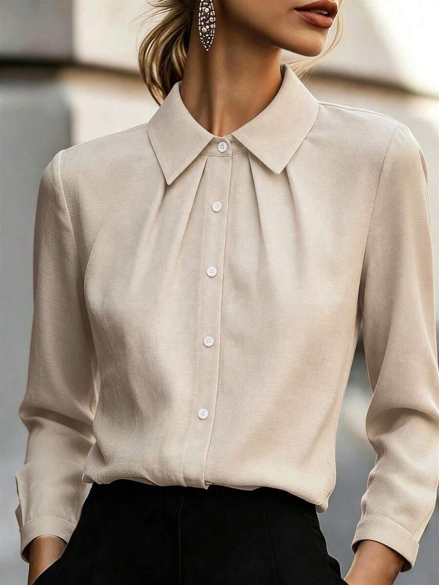 RosyDaze Women's Solid Color Pleated Design Long Sleeve Single-Breasted Casual Shirt - Apricot - View 1