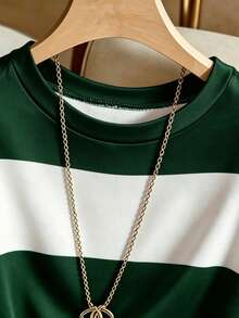 SHEIN Franclia 女款綠色與白色圓領鈕扣裝飾短袖連身衣，適合通勤、辦公室正式場合、日常夏季休閒穿著 - 墨綠色 - 查看 4