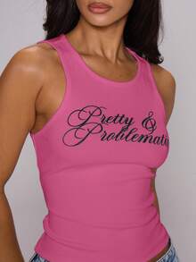 MUSERA 圖案背心「Pretty & Problematic」春夏節慶 伊比薩度假 Y2K 復古 秋冬 - 粉色 - 查看 6