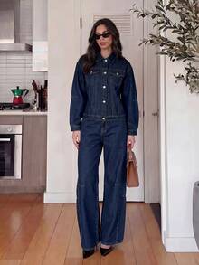Firerie Women's Long Sleeve Single-Breasted Denim Jacket And Jeans Casual Set Fall/Winter - Blue - View 8