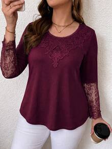 Lacomfia Women's Round Neck Embroidered Lace Versatile Casual Design Plus Size T-Shirt For Autumn/Winter Home Wear - Burgundy - View 4