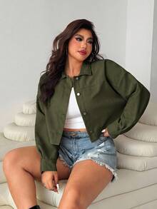 SHEIN EZwear 女款大尺碼軍綠色長袖單排扣休閒夾克外套 秋季 - 軍綠色 - 查看 6