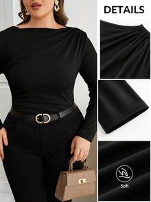 SHEIN Privé Plus Solid Ruched Tee Fall - Black - View 1
