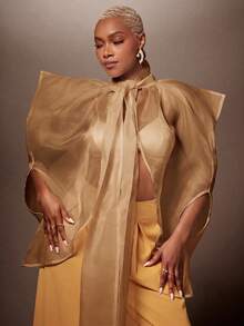 Vixey Elegant Sheer Organza Overlay Layering Neck Tie Top - Brown - View 3