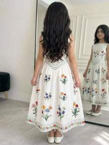 Tween Girl Spring/Summer Casual Vacation Elegant Vintage Floral Print Square Neck Patchwork Ruched Hem Dress White Tween Girl - White - View 2