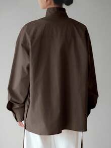 Dazy Tall Women's Waist-Cinching Long Sleeve Button-Down Urban Casual Elegant Blouse Fall - Brown - View 3