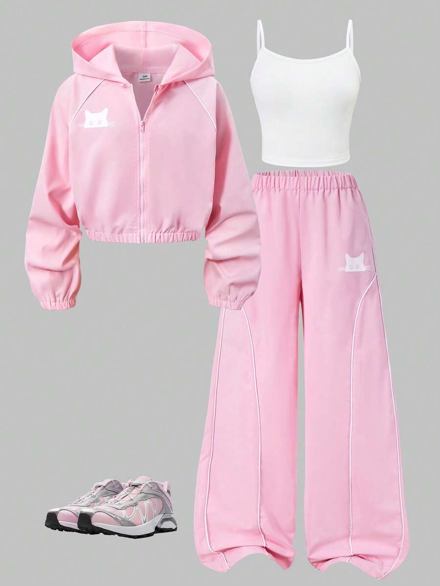 SHEIN Set 3 Potong untuk Anak Perempuan Remaja (Tweet Girls) untuk Kembali ke Sekolah: Jaket Berkerudung dengan Resleting, Tank Top & Celana Longgar - Berwarna merah muda - View 1