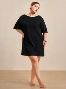 Hourtrue Camisola Casual de Malha Preta com Renda Plus Size, Moo Moo - Preto - Visão 7