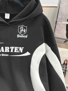 SHEIN 青少年女孩針織拼色字母印花寬鬆休閒秋季運動衫 - 淺灰色 - 查看 4