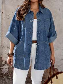 EMERY ROSE EMERY ROSE Plus Size Casual Loose Fit Denim Jacket For Vacation Teacher Outfits For Women - Dark Wash - View 4