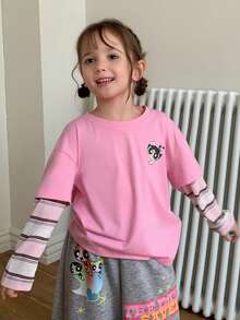 THE POWERPUFF GIRLS X DAZY Young Girl Color Block Striped Long Sleeve 2 In 1 Autumn T-Shirt - Baby Pink - View 8