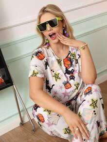 Chillnights Plus Size Women's Halloween Ghost & Pumpkin Print Short Sleeve & Long Pants Pajama Set - Multicolor - View 3