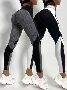 Sweetra Contrast Stripe High Waist Seamless Sports Leggings - Multicolor - View 5