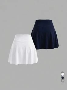 Sweetra Women's Solid Color Casual Versatile Daily Travel Sports Skorts 2pcs Set - Blue and White - View 2