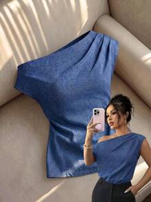 SHEIN Privé Women's Asymmetric Neck Ruched Casual Versatile Everyday Denim Top - Blue - View 1
