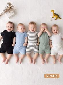 SHEIN 5pcs/Set Newborn Baby Cute Outfit, Short T-Shirt + Pants, Summer - Baby Blue - View 3