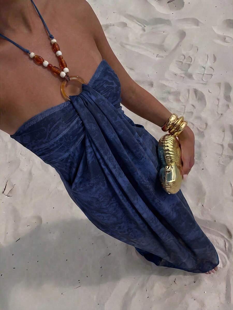 Aloruh 女款性感串珠環飾掛脖繫帶度假洋裝 - 藏蓝色 - 查看 1