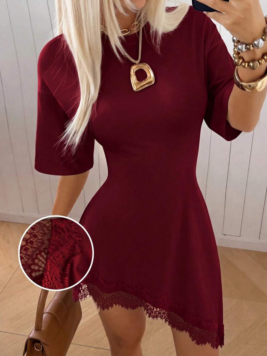 SHEIN EZwear 酒紅色針織修身女款洋裝 - 酒紅色 - 查看 1