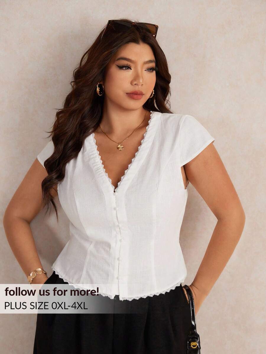 Elaquor Plus Size Women's Solid Color Contrast Lace Single-Breasted Cap Sleeve Fashion Blouse