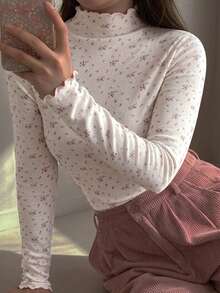 Dazy Plus Ditsy Floral High Neck Long Sleeve Fitted Lace Trim Casual Base Layer Top T-Shirt Spring Autumn Vacation - Pink - View 4