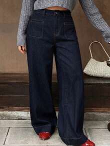 Dazy Plus Celana Jeans Denim Panjang Model Lurus Warna Biru Tua Polos, Serbaguna, Cocok untuk Perjalanan Sehari-hari di Musim Semi, Gugur, dan Musim Dingin - Dark Wash - View 7