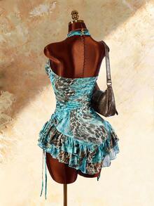 Amplova Women's Leopard Print Halter Neck Sexy Mini Dress With Ruffle Hem - Green - View 1