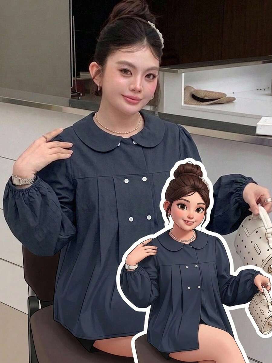 Dazy Plus 彼得潘領格紋休閒韓系學院風短袖大尺碼女款春夏藍色襯衫可愛上衣 - 藏蓝色 - 查看 1