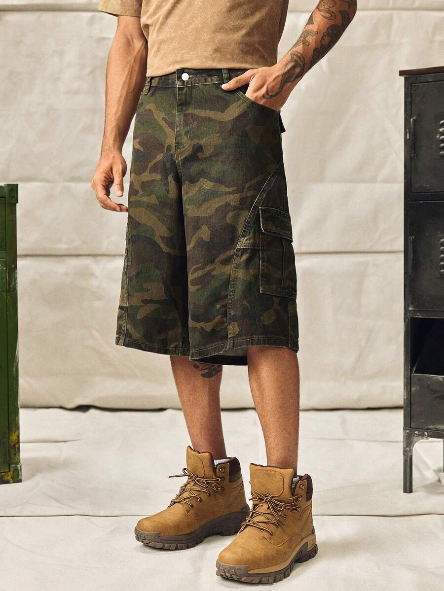 Norleigh Men's Casual Street Style Multi-Pocket Distressed Camouflage Wide Leg Denim Shorts Cargo Pants - Army Green - View 1