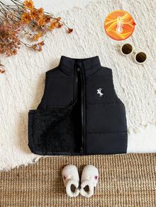 SHEIN 1件女幼兒女童絎縫蓬鬆背心，甜美黑色馬刺繡，無袖立領加厚款，生日派對冬季秋季聖誕萬聖節拉鍊開襟 - 黑色 - 查看 5