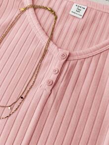 Teen Girl Summer New Slim Fit Flattering Versatile Pink Ribbed Knit Round Neck Button Short Sleeve Top - Pink - View 3