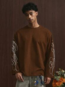 TOKVUE Men's Young Casual Vintage Font Print Long Sleeve Brown T-Shirt - Brown - View 4