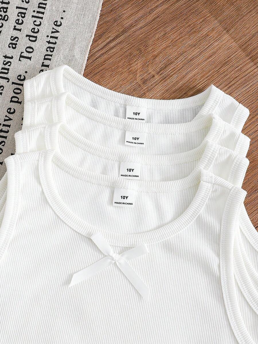 SHEIN 4件組青少年女孩純色蝴蝶結裝飾細肩帶背心 - 白色 - 查看 1
