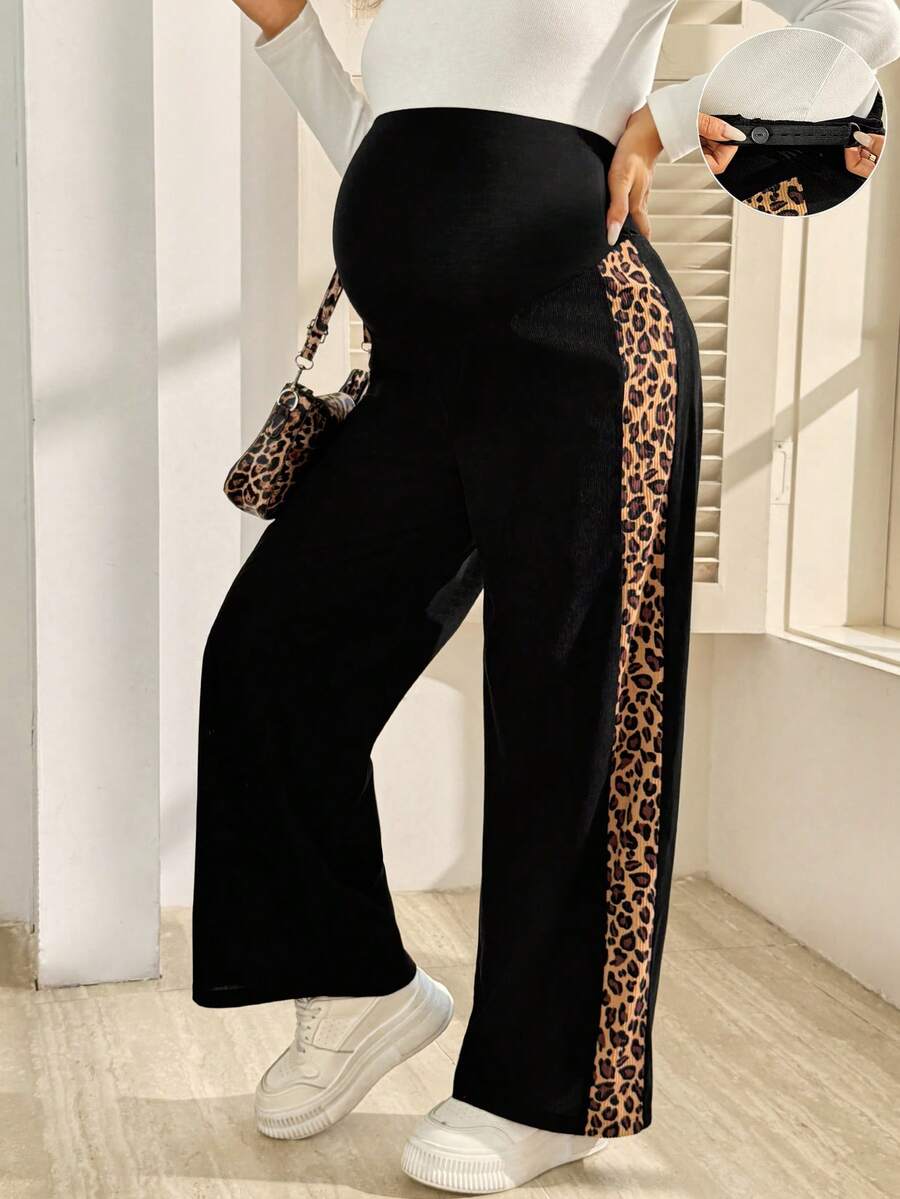 SHEIN Maternity Side Patchwork Leopard Print Adjustable Waist Long Pants Fall - Multicolor - View 1