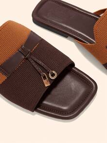 CUCCOO BASICS Square Toe Flat Bottom Brown Building Color Knitted Simple Comfortable Breathable Women's Fashion Flat Bottom Sandals Slippers Daily Versatile Commute - Brown coffee - View 2