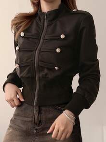 DAZY Sweatshirt Wanita Ukuran Kecil, Kerah Tegak, Lengan Panjang, Potongan Pendek, Gaya Pesta, Bagian Depan Terbuka, Cocok untuk Musim Gugur - Coklat - View 1