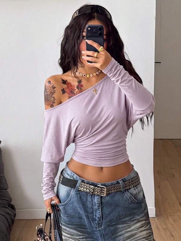 Coolane Women's Summer Streetwear Casual Solid Color Asymmetric Neckline Cropped Waist Club Night Out Mauve Purple Sexy Long Sleeve T-Shirt