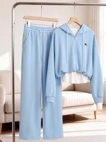 GlowEve CURVE Plus Size Embroidered Casual Hoodie & Sweatpants 2 Pieces Set, Autumn/Winter - Blue - View 3